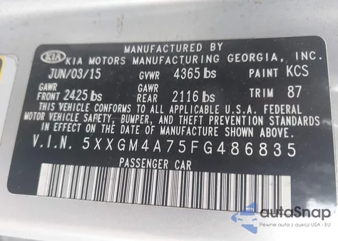 2015 Kia Optima Lx из США, поврежденный, VIN 5XXGM4A75FG486835